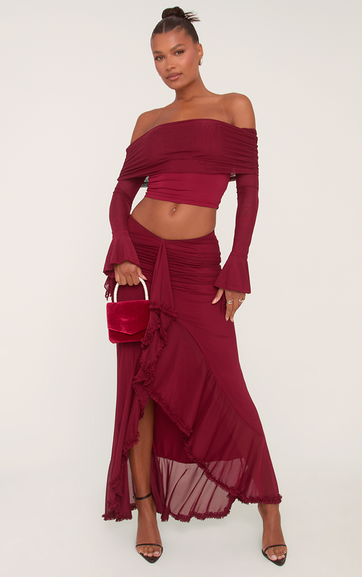 Long Flared Sleeve Fold Over Bardot Top And Dipped Waist