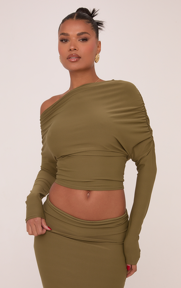 Long Sleeve Off The Shoulder Draped Crop Top In Olive Green | EGO