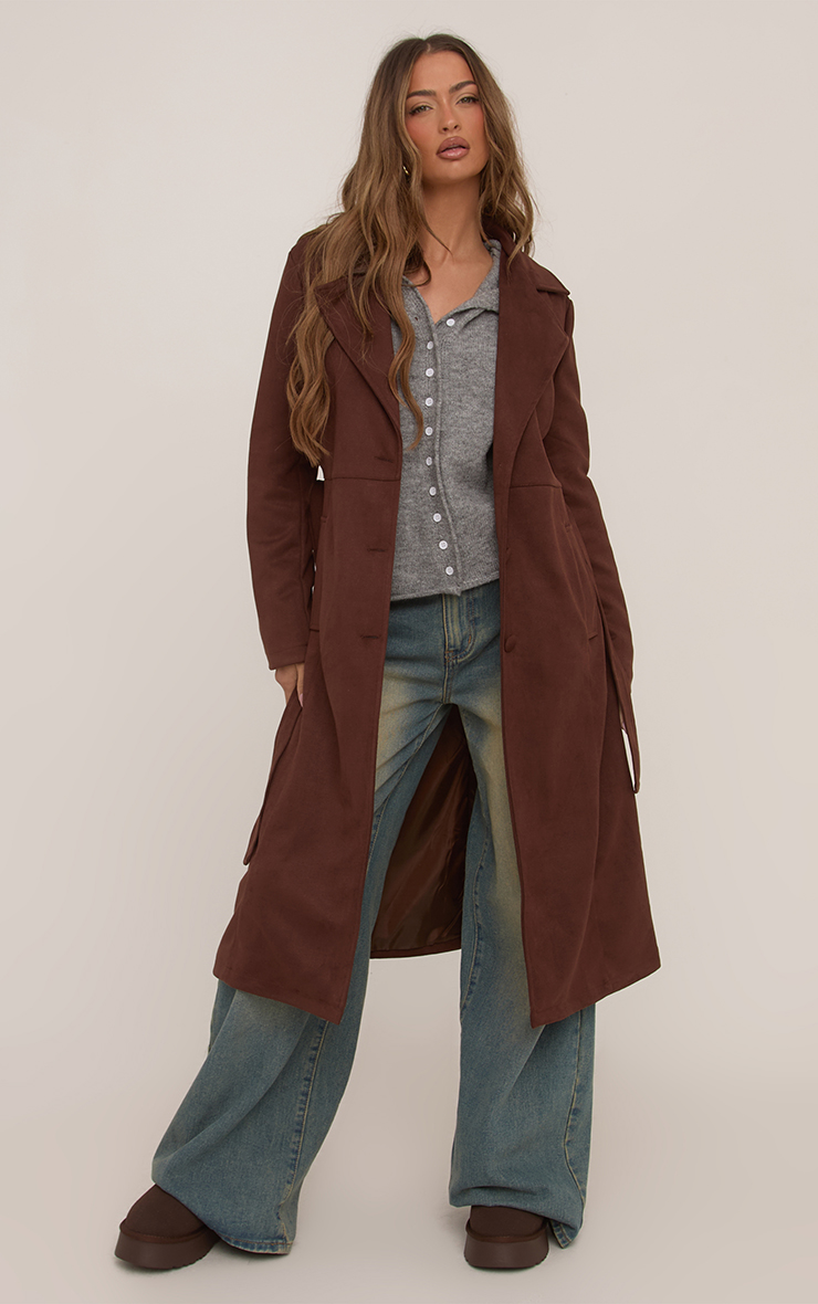 Tie Waist Longline Trench Coat In Brown Faux Suede | EGO US