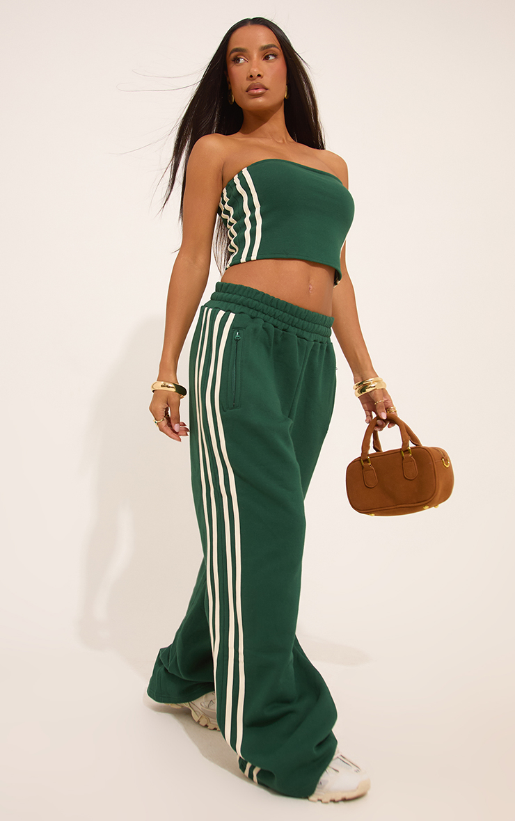 High Waist Contrast Stripe Detail Wide Leg Joggers In Forest