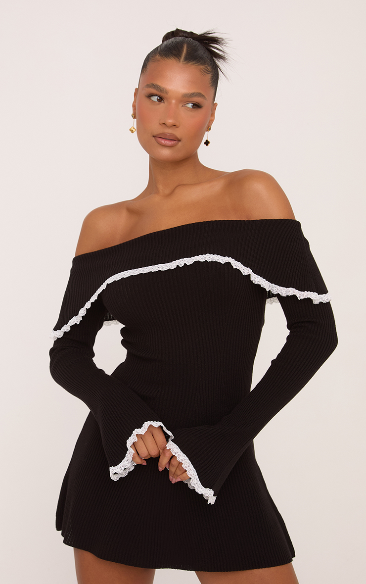 Bardot Lace Trim Flippy Hem Mini Dress In Black Knit | EGO US | EGO