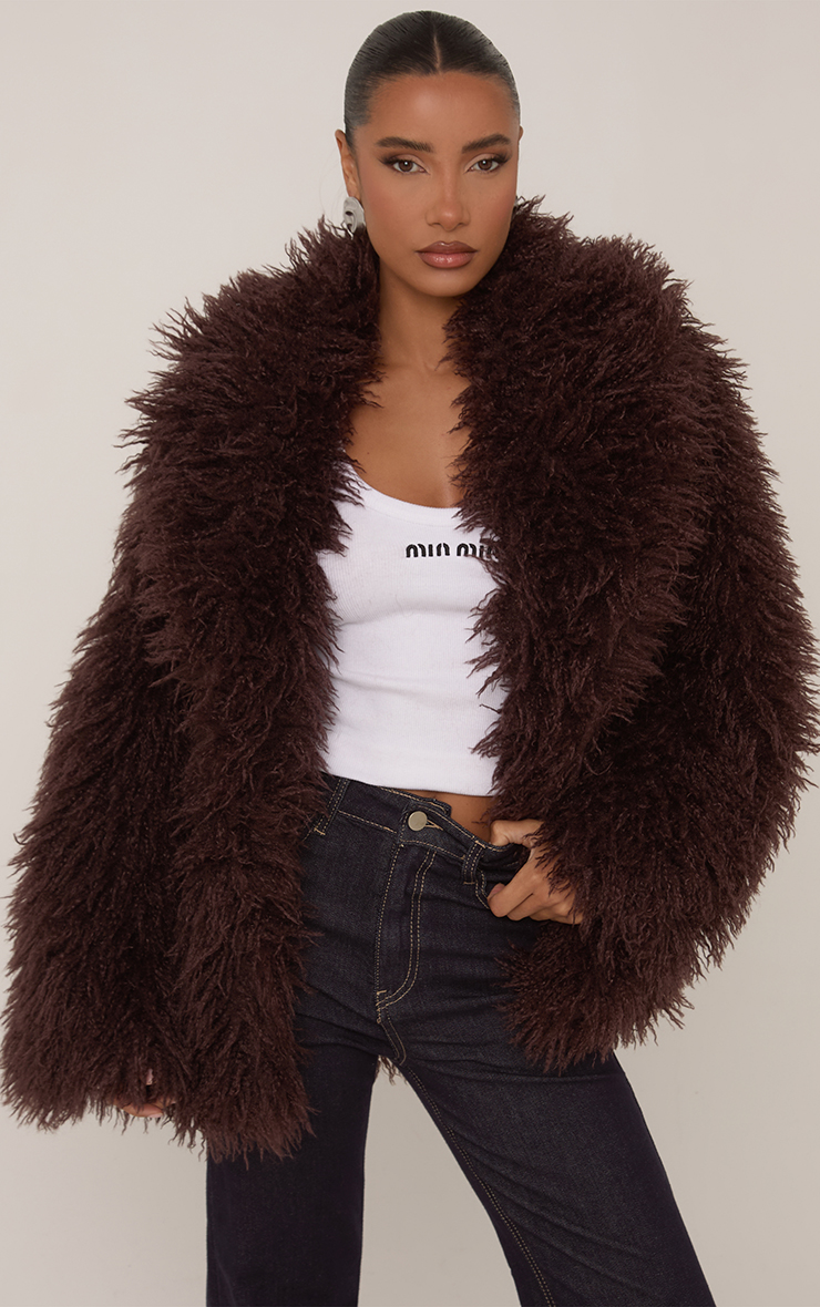 Oversized Collar Shaggy Coat In Brown Faux Fur | EGO US | EGO