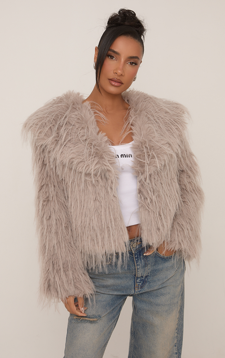 Collared Cropped Jacket In Grey Shaggy Faux Fur | EGO US | EGO