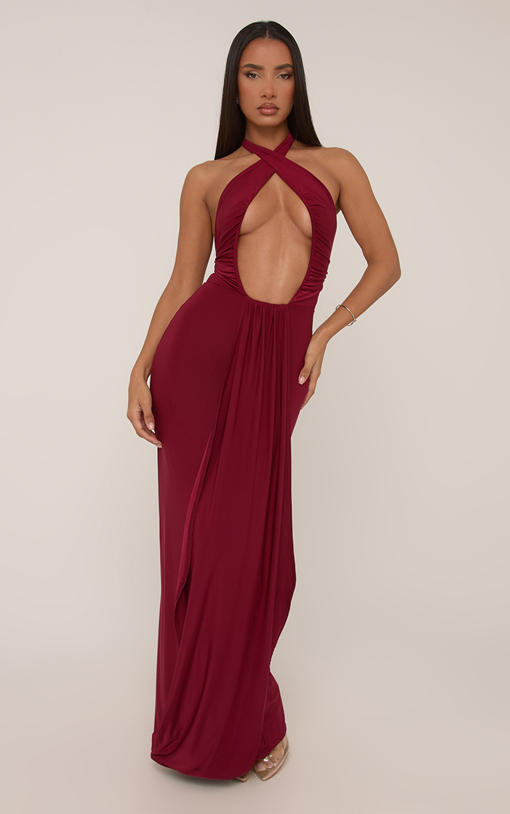 Plunge Drape Front Detail Ruched Maxi Dress In Burgundy
