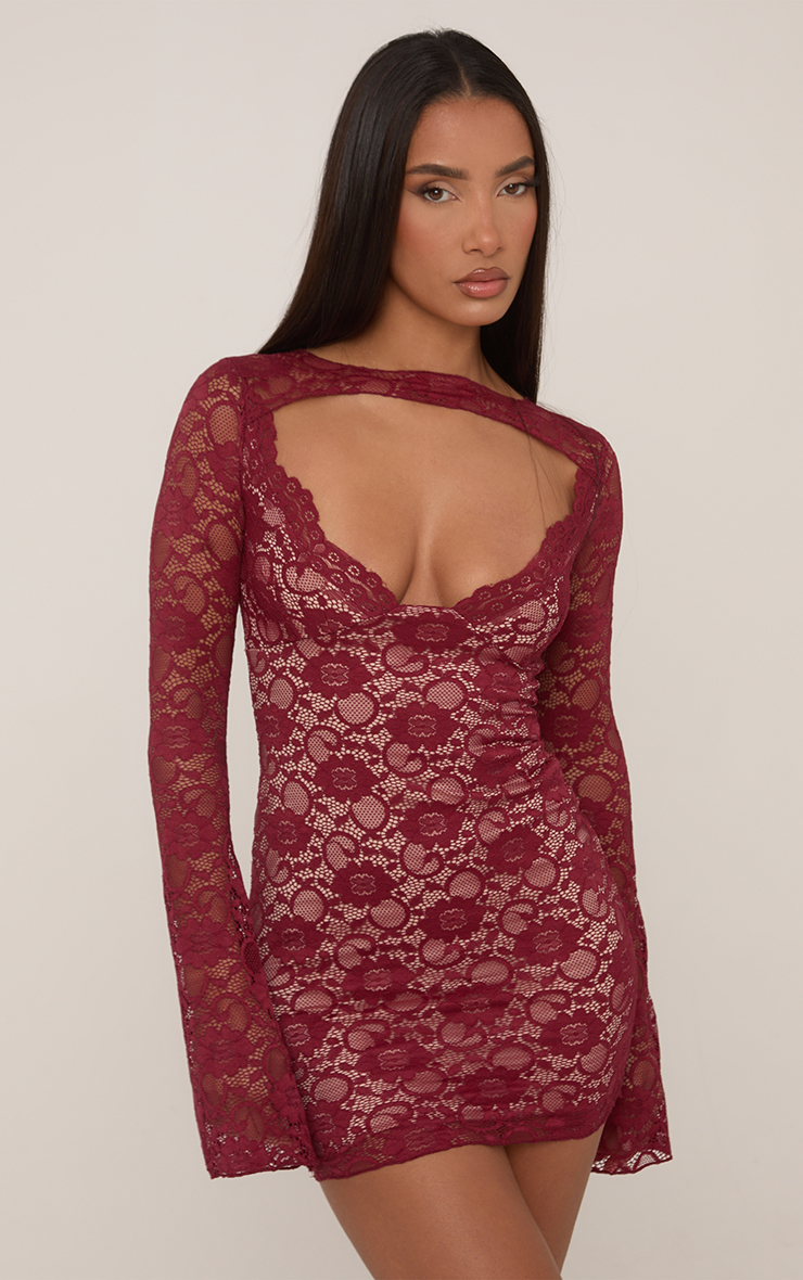 Long Sleeve Plunge Cut Out Front Mini Dress In Burgundy Lace | EGO UK