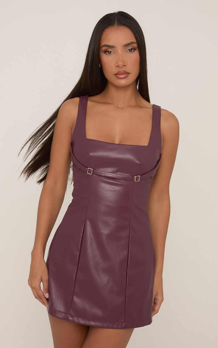 Square Neck A-Line Mini Dress In Purple Faux Leather