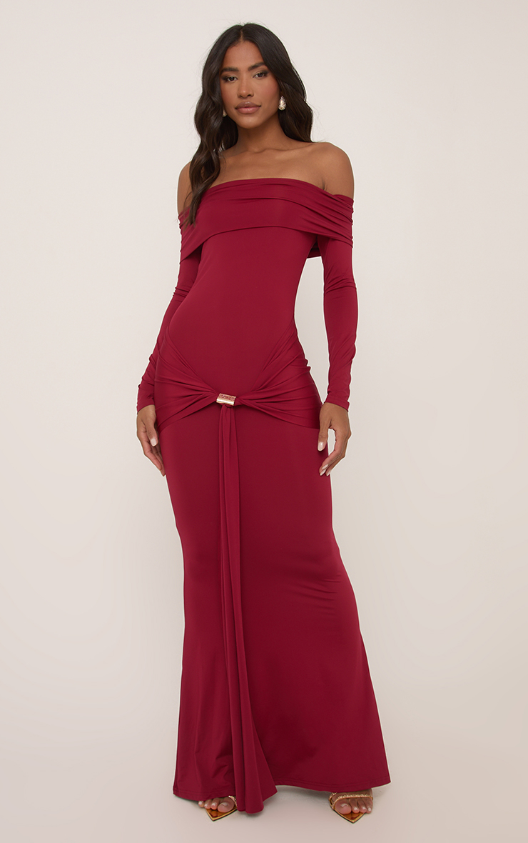 Envisioned | Burgundy Bardot-Neck Maxi Dress With Gathered And Drape Detail