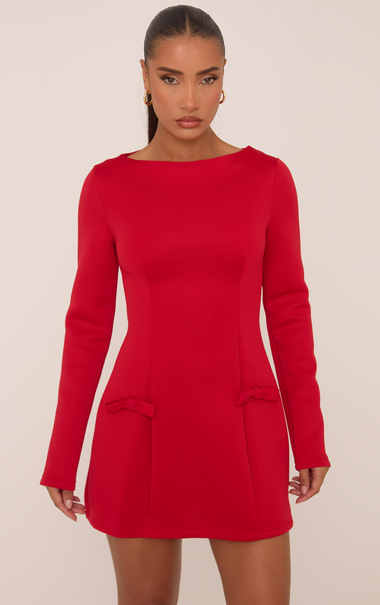 Long Sleeve Bow Detail A Line Mini Dress In Red | EGO US | EGO