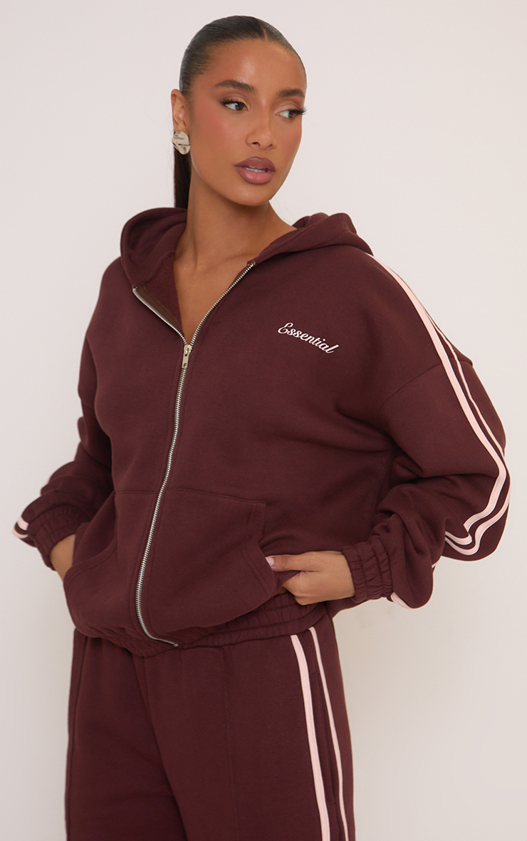 Oversized Contrast Stripe Side Essential Graphic Zip Up Hoodie In Brown