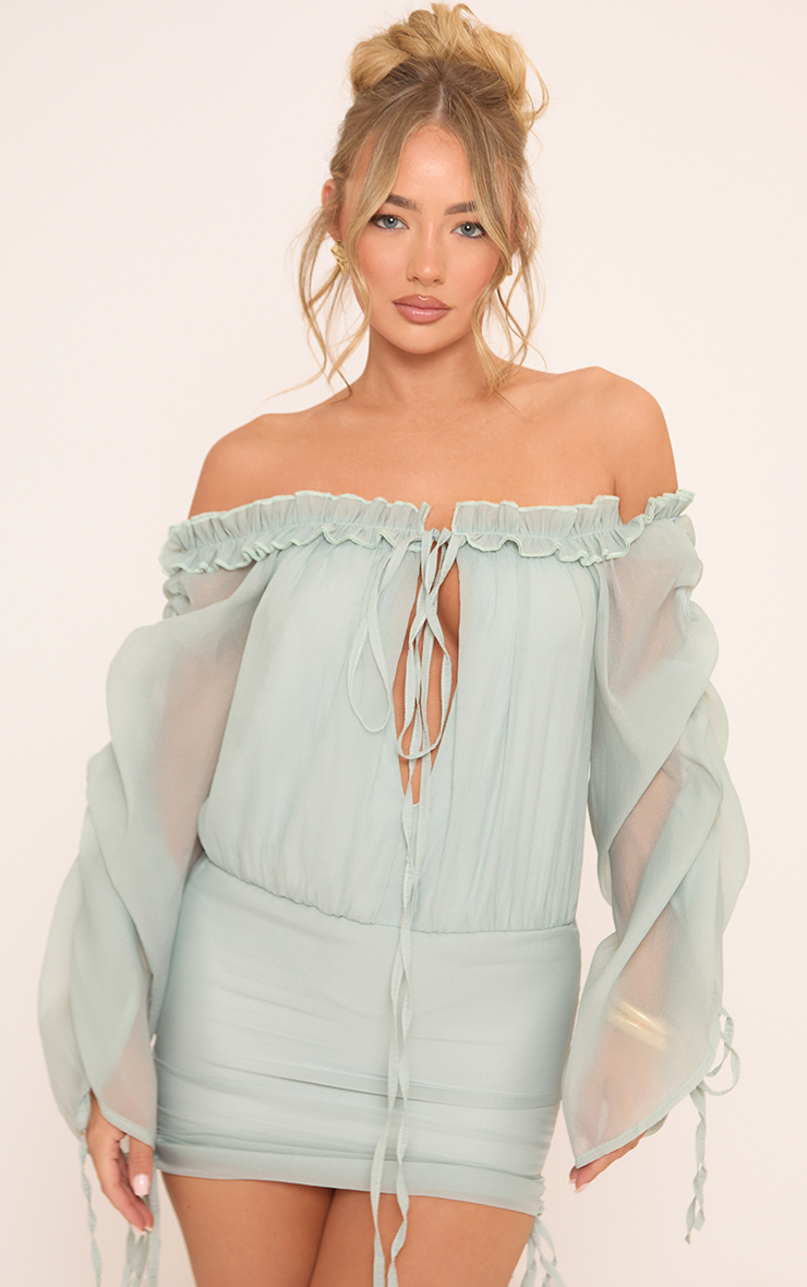 Bardot Cut Out Ruched Mini Dress In Blue Mesh | EGO US | EGO
