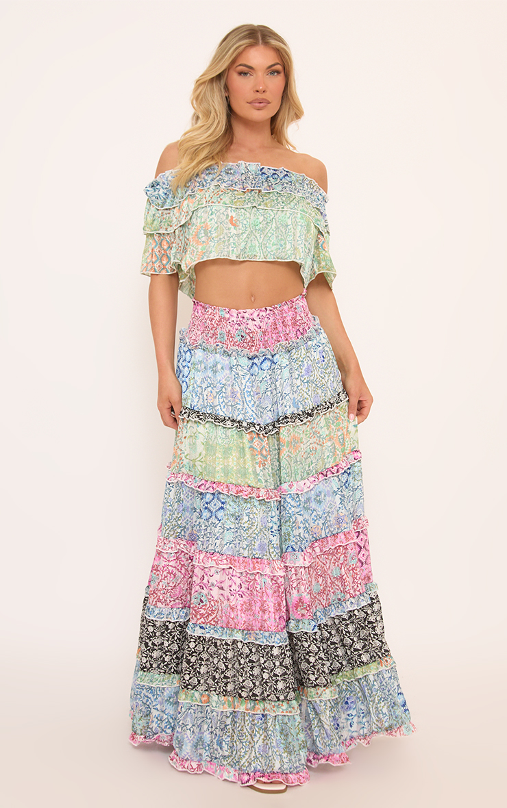 Bardot Ruffle Top And Maxi Skirt Co-Ord Set In Blue Multi