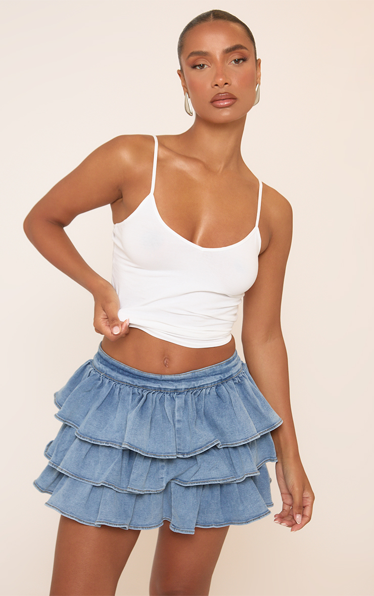 Mid Rise Layered Ruffle Mini Skirt In Blue Denim | EGO US | EGO