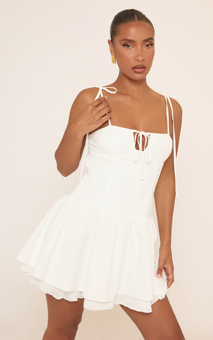 Strappy Tie Front Detail Layered Frill Mini Dress In White