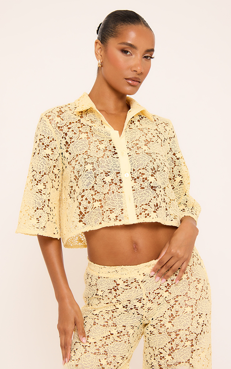 Short Sleeve Button Front Boxy Cropped Shirt In Lemon Crochet Lace