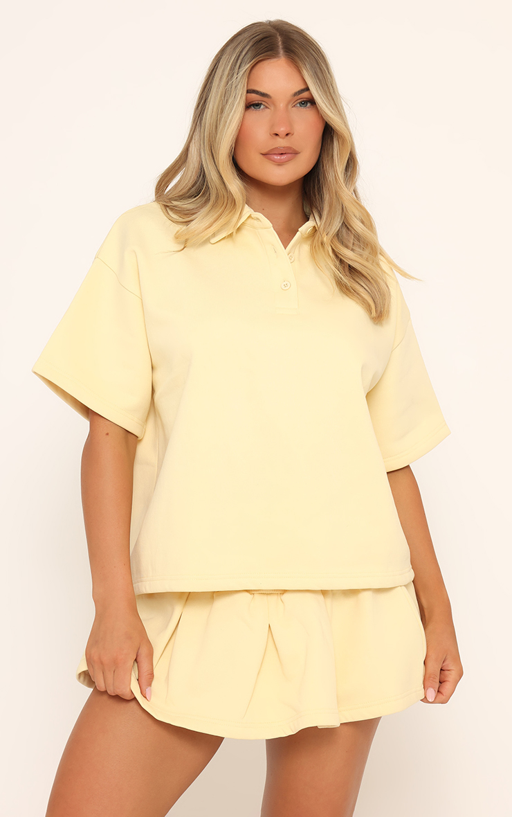 Short Sleeve Polo Collar Detail Oversized Sweatshirt In Yellow