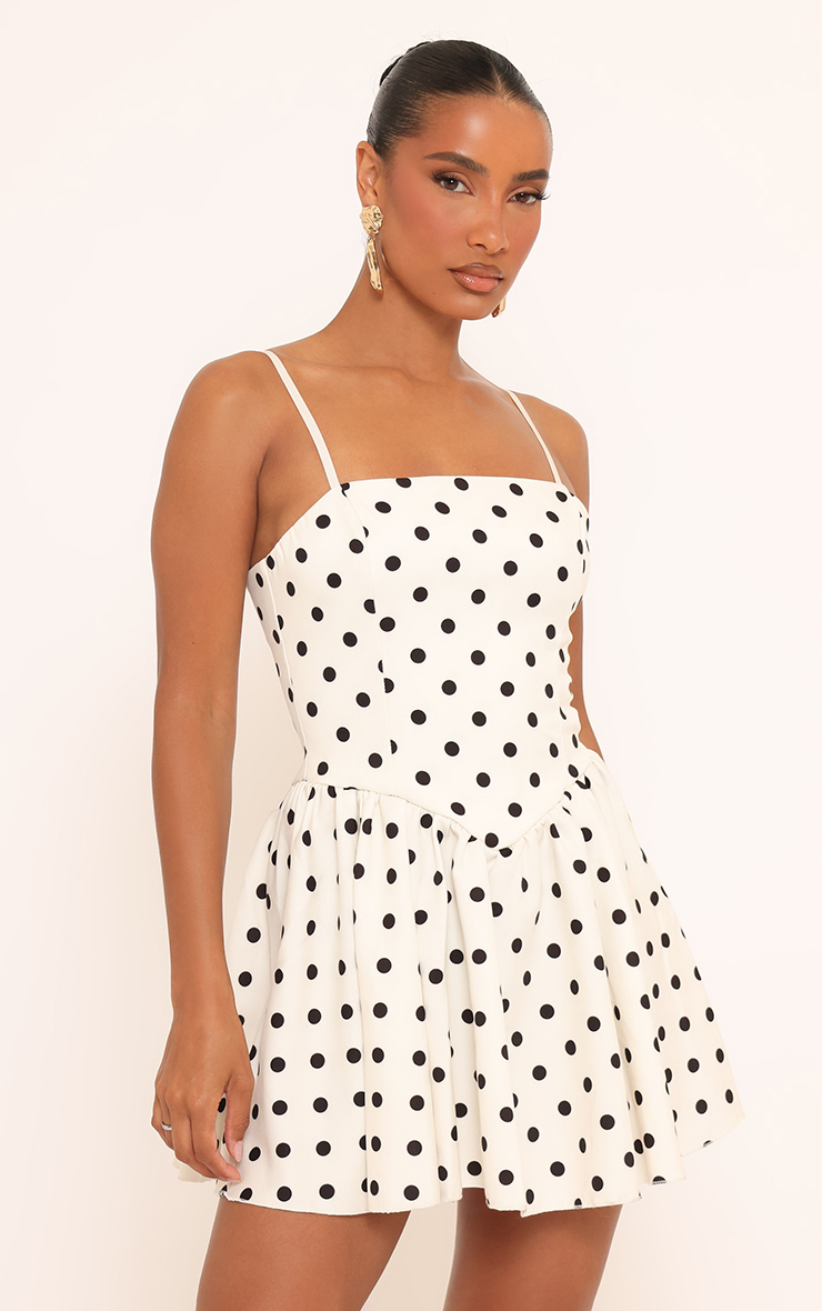 Square Neck Dropped Hem Detail Mini Dress In Cream Polka Dot