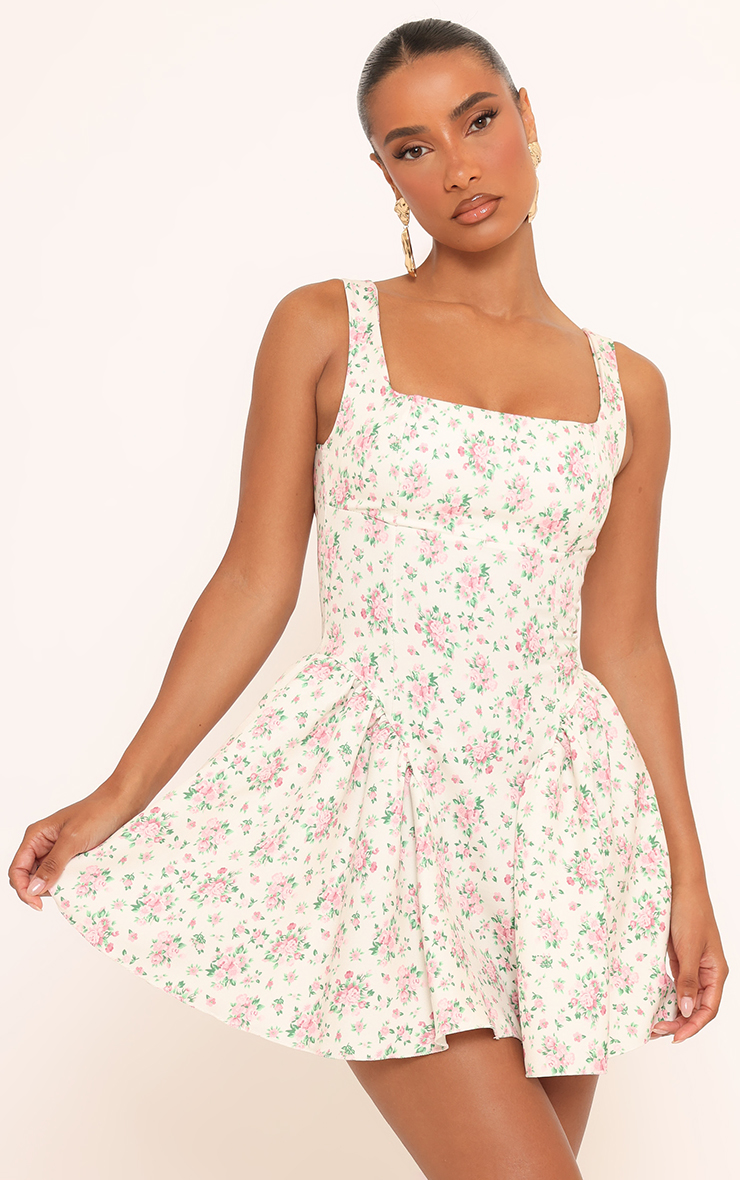 Square Neck Dropped Hem Detail Mini Dress In Pink Floral