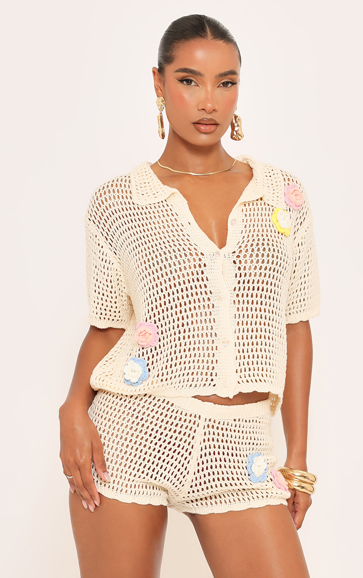 Short Sleeve Multi Floral Applique Shirt In Cream Crochet Knit
