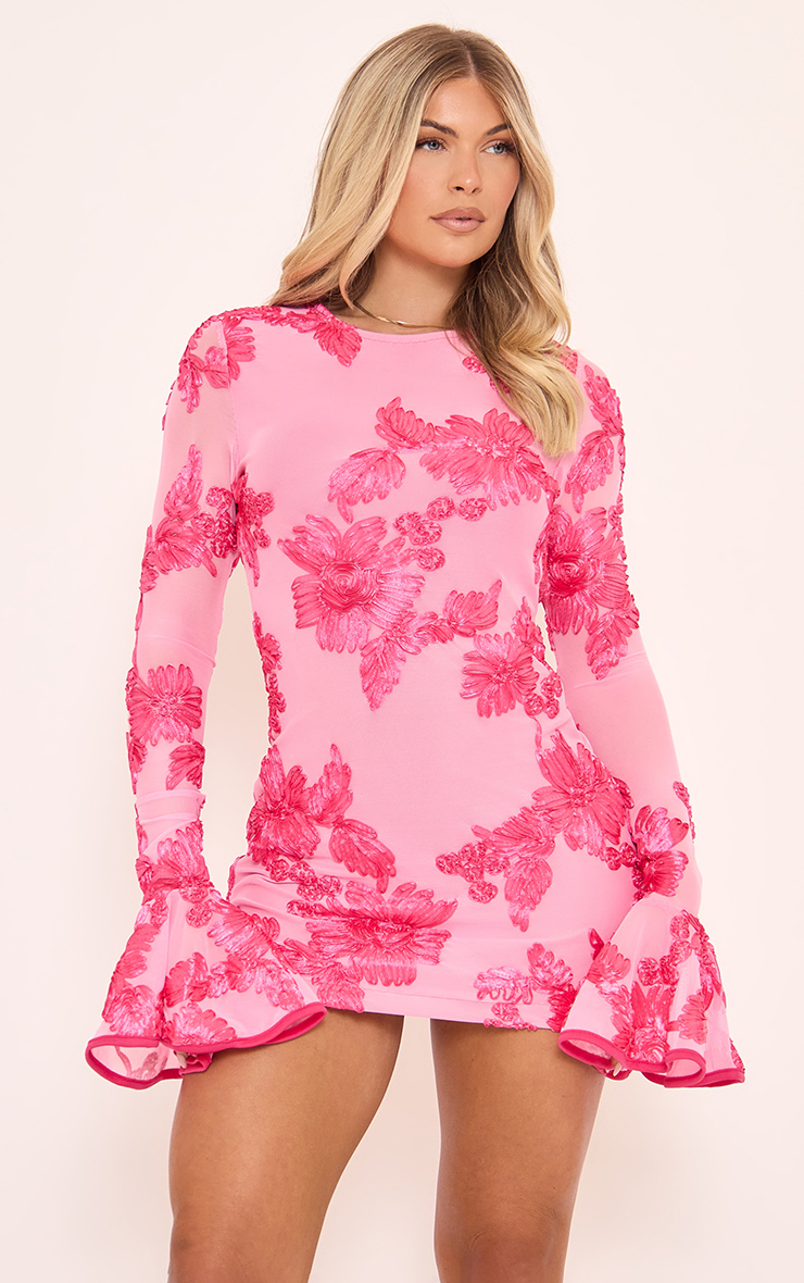 Long Frill Sleeve Mini Dress In Pink Floral Print | EGO Shoes