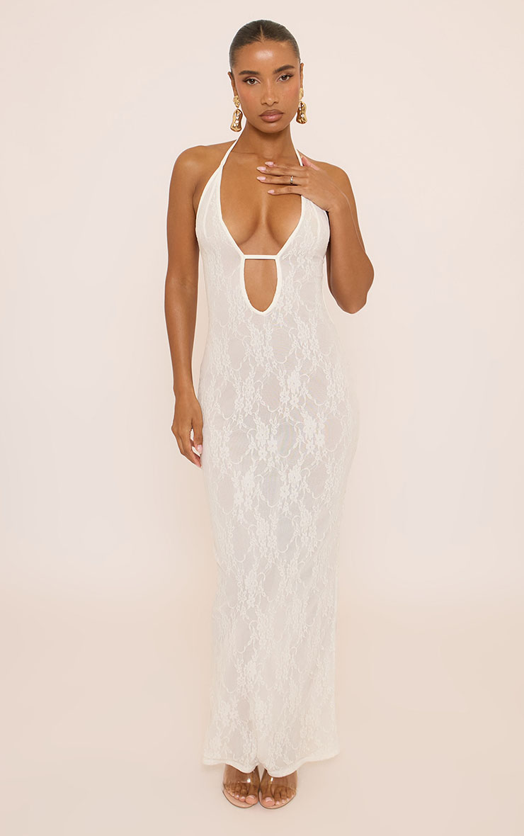 Plunge Halterneck Open Back Bodycon Maxi Dress In White Lace | EGO EU | EGO