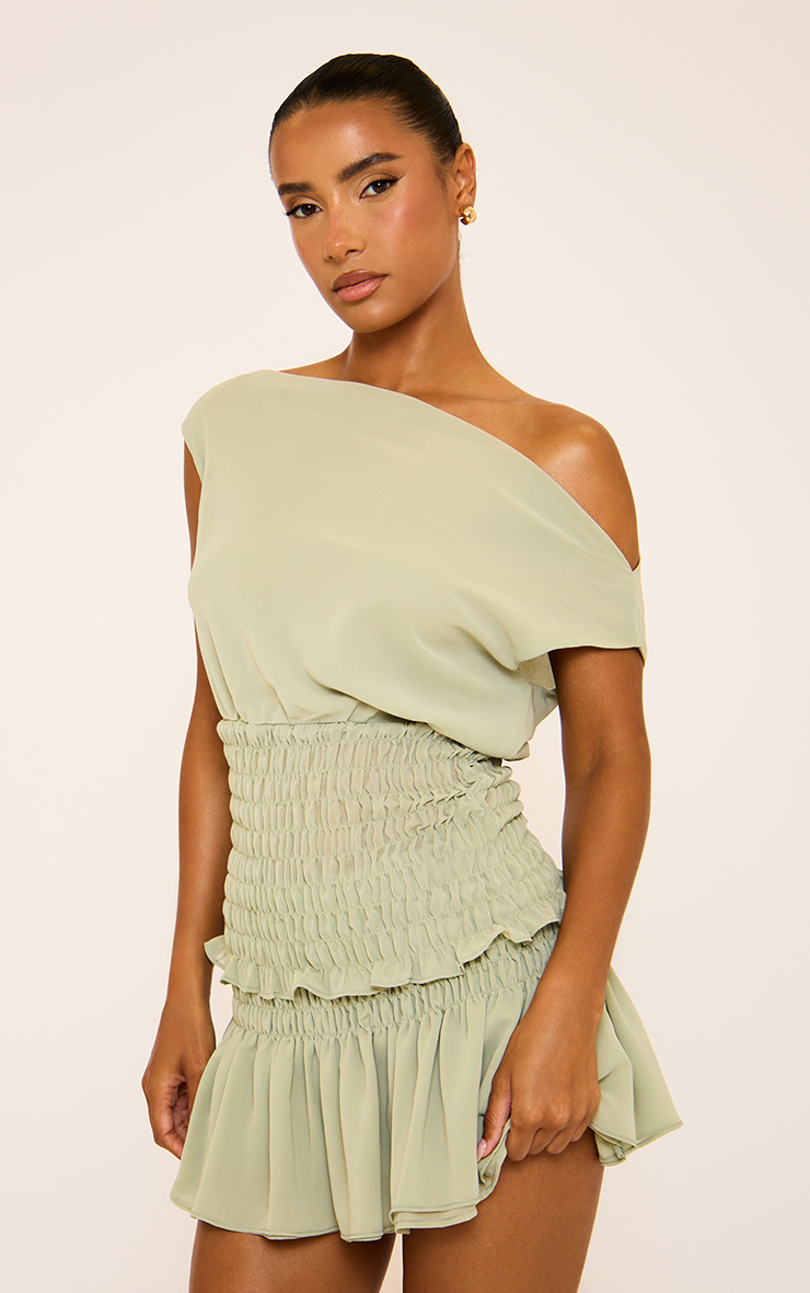 Off The Shoulder Shirred Waist Detail Asymmetric Top In