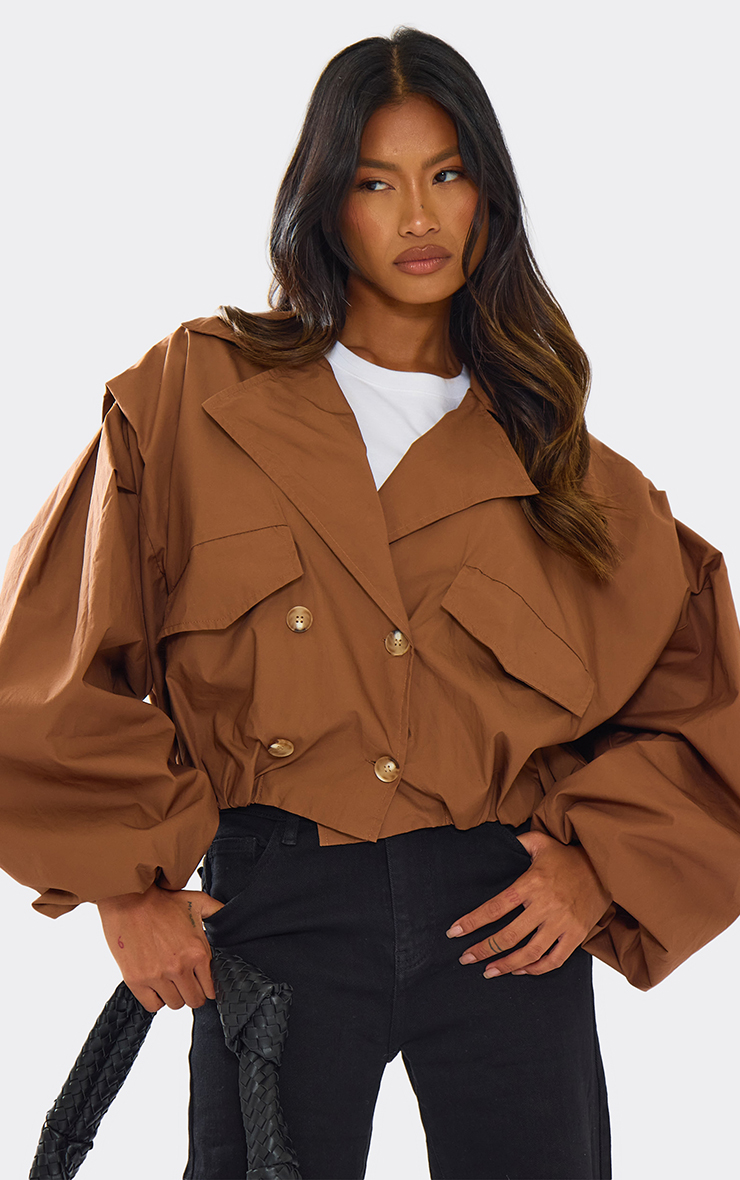 Long Sleeve Cinched Waist Cropped Trench Coat In Chocolate