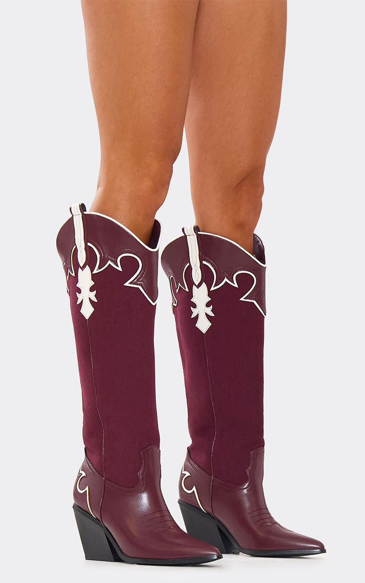 Grandslam Contrast Embroidered Detail Pointed Toe Knee High Western ...