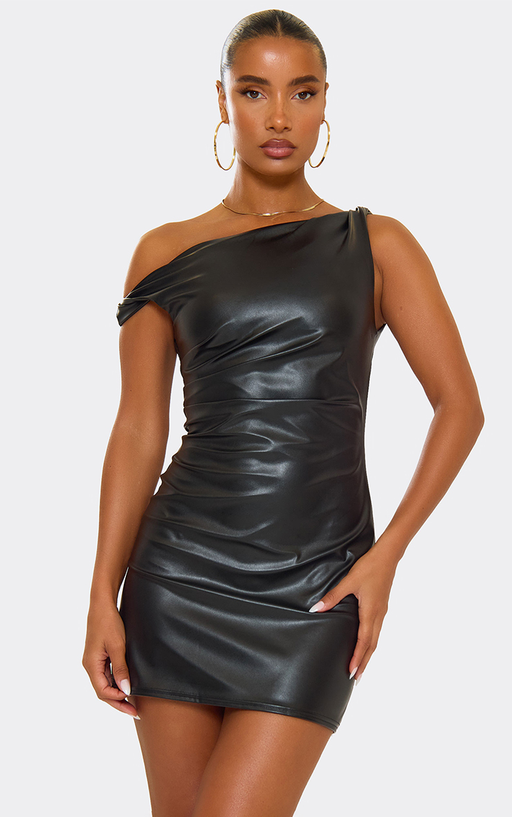 sophisticated black faux leather bodycon dress Asymmetric Strap Ruched Mini Bodycon Dress In Black Faux Leather
