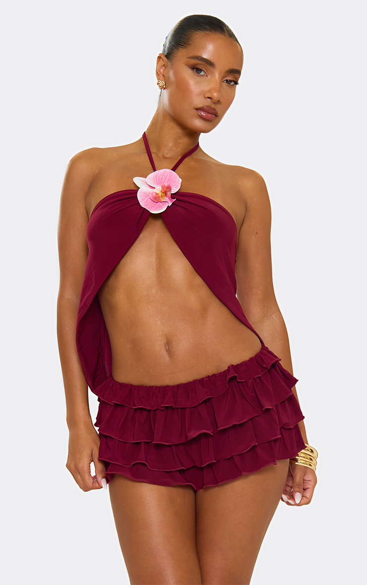 Halterneck Split Front Flower Trim Crop Top In Burgundy | EGO US | EGO