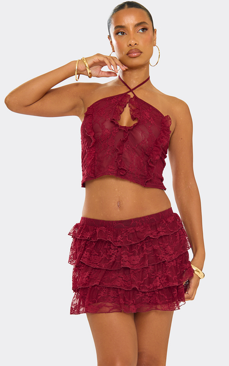 Halterneck Keyhole Cut Out Frill Draped Top In Burgundy | EGO US | EGO