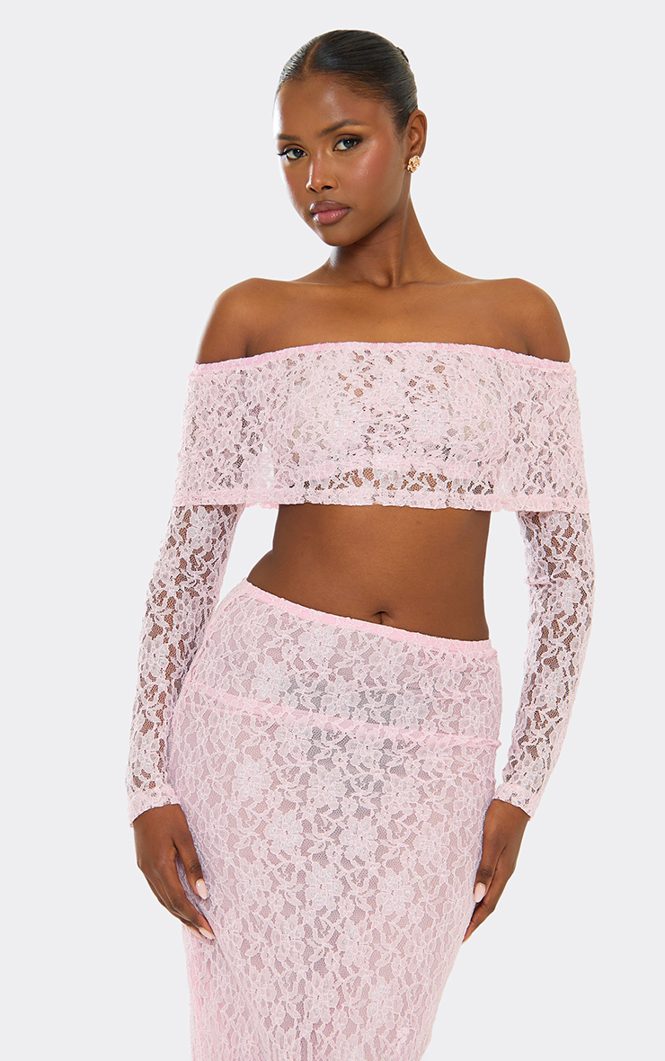 Fold Over Bardot Long Sleeve Crop Top In Baby Pink Lace | EGO US | EGO
