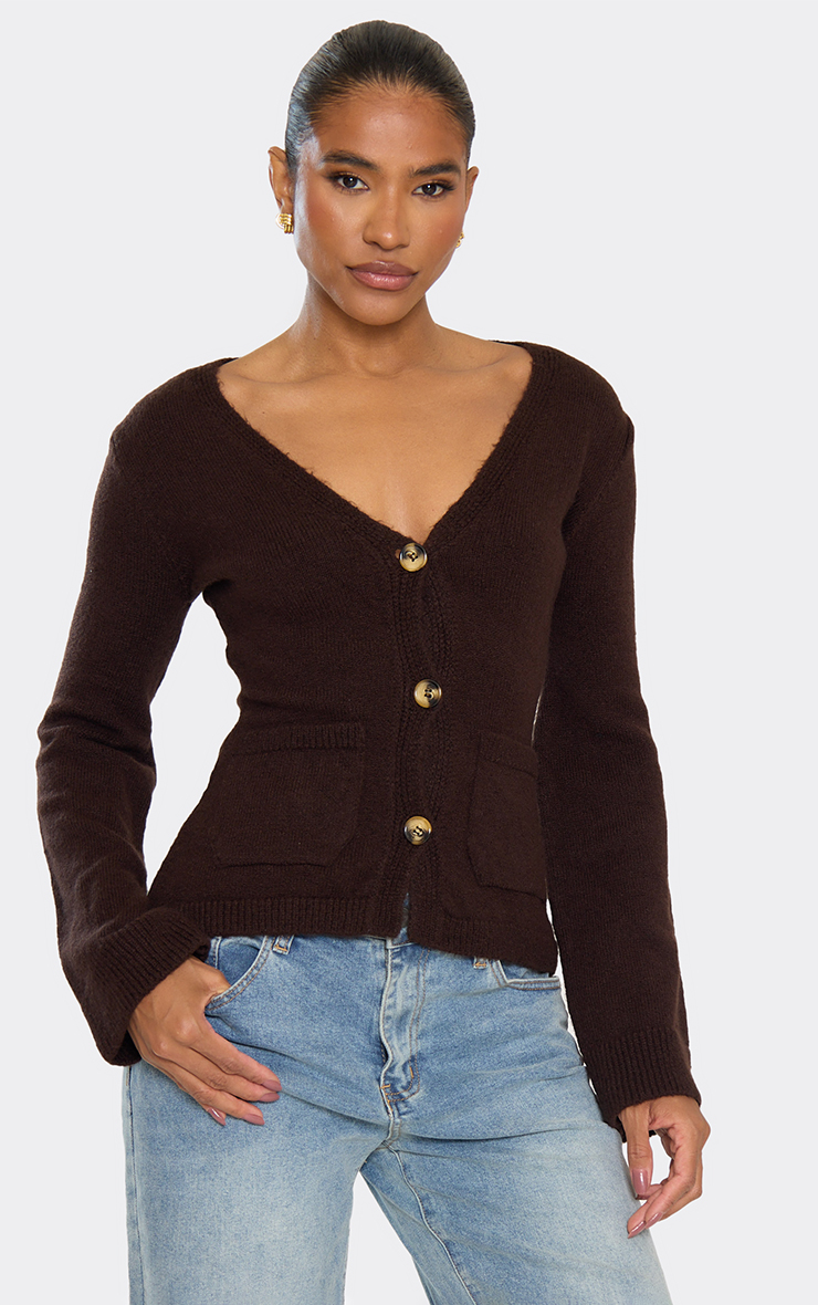 Long Sleeve Button Front Cinched Waist Cardigan In Brown Knit