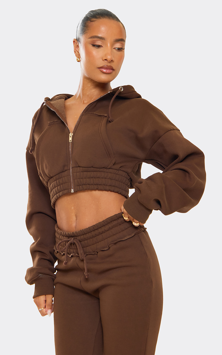 Long Sleeve Distressed Detail Cropped Zip Up Hoodie In Chocolate