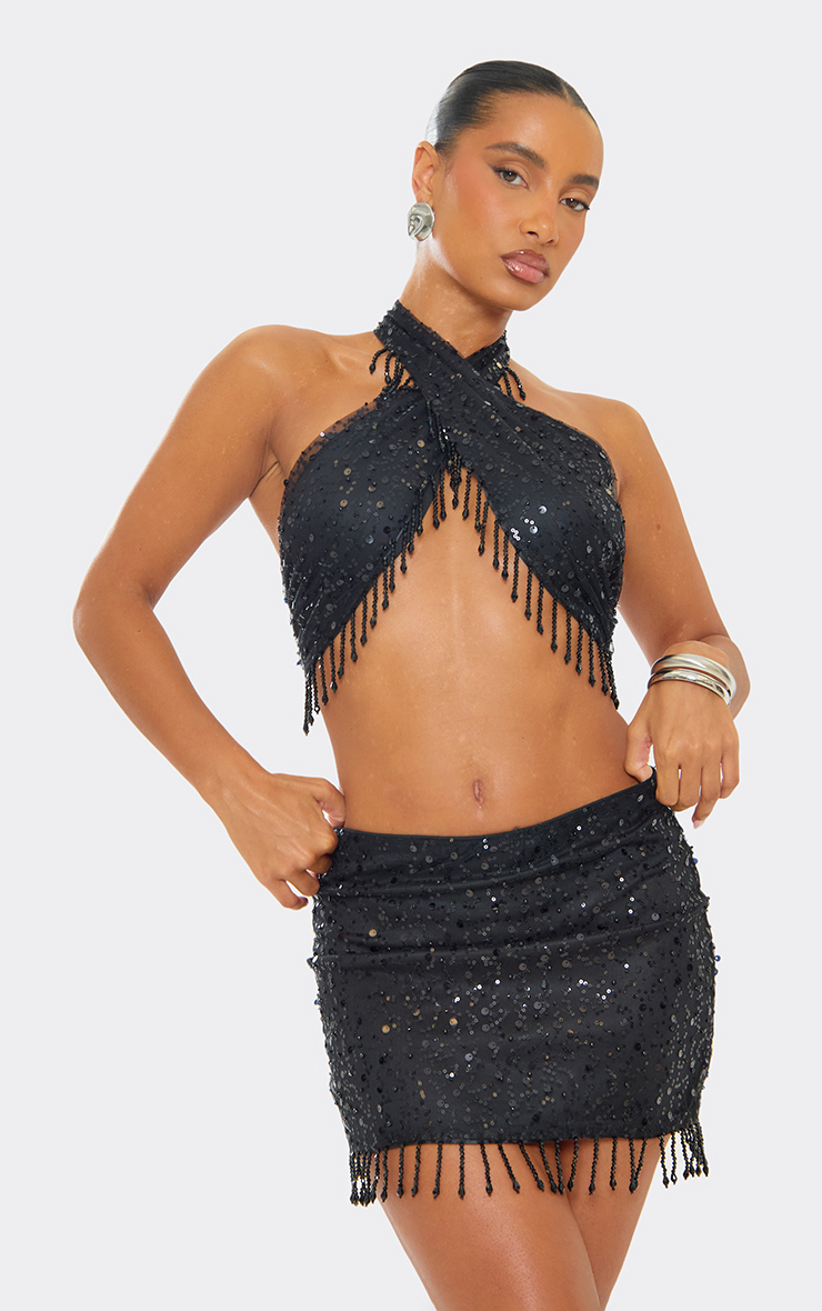 Crossover Beaded Tassel Hem Detail Crop Top In Black Sequin | EGO
