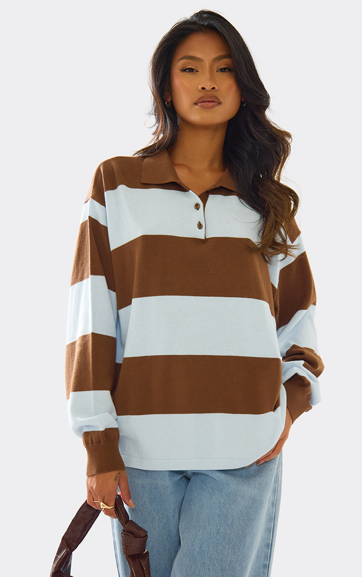 Long Sleeve Polo Collar Detail Rugby Top In Brown Stripe Knit