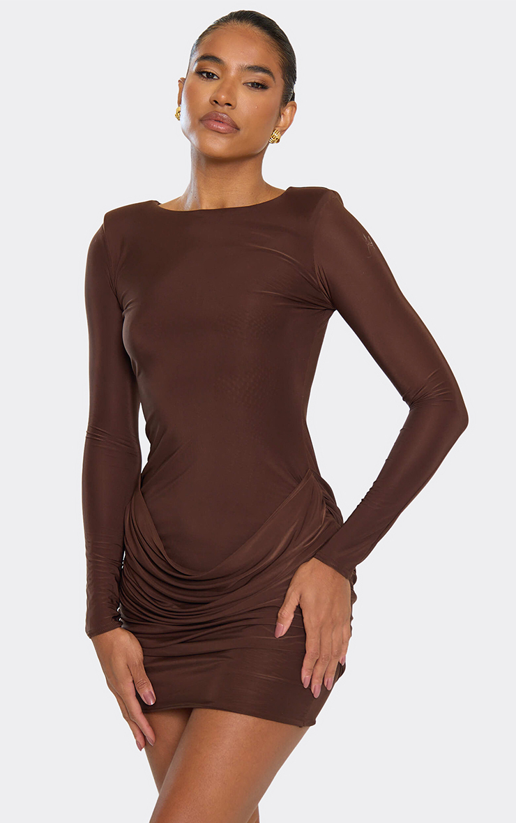 Long Sleeve Shoulder Pad Front Draping Detail Mini Dress In Chocolate Brown  | EGO UK | EGO