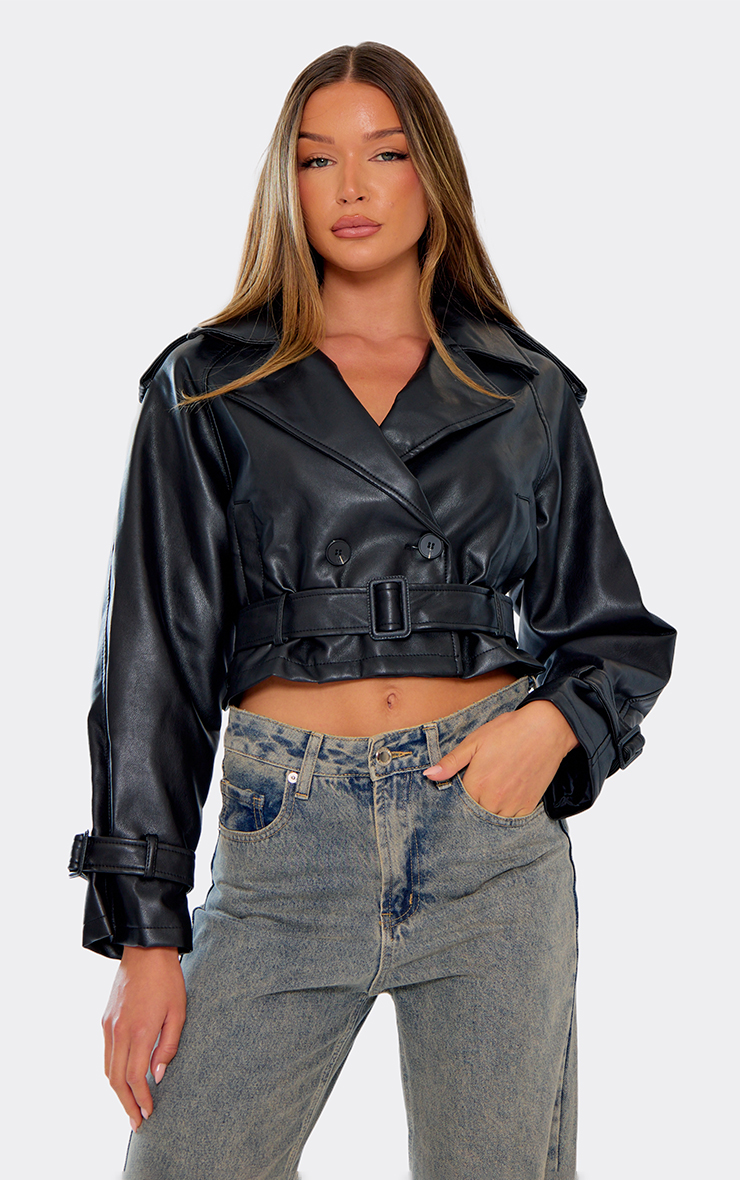 Long Sleeve Button Front Belted Cropped Trench Jacket In Black