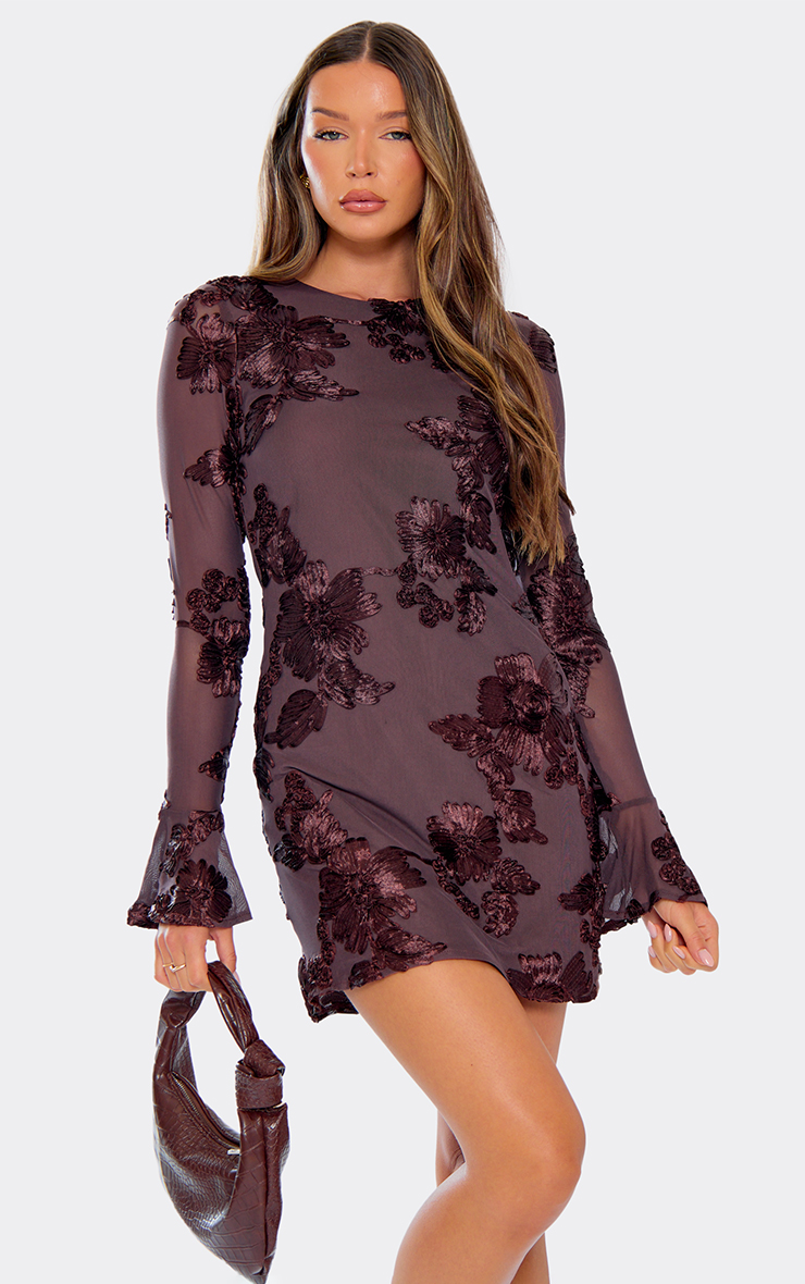 dark chocolate floral flocked frill detail ruched bodycon dress Frederica Plunge Maxi Dress Chocolate