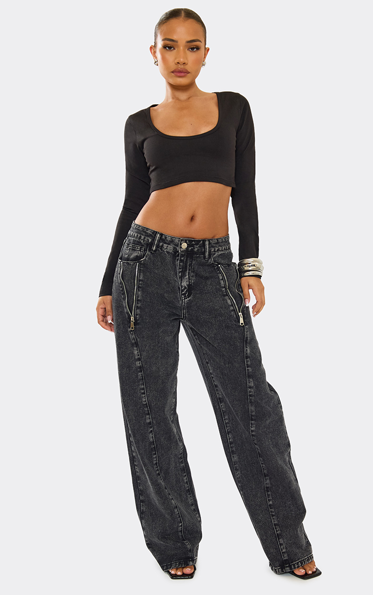 Mid Rise Zip Detail Wide Leg Jeans In Washed Black Denim | EGO US