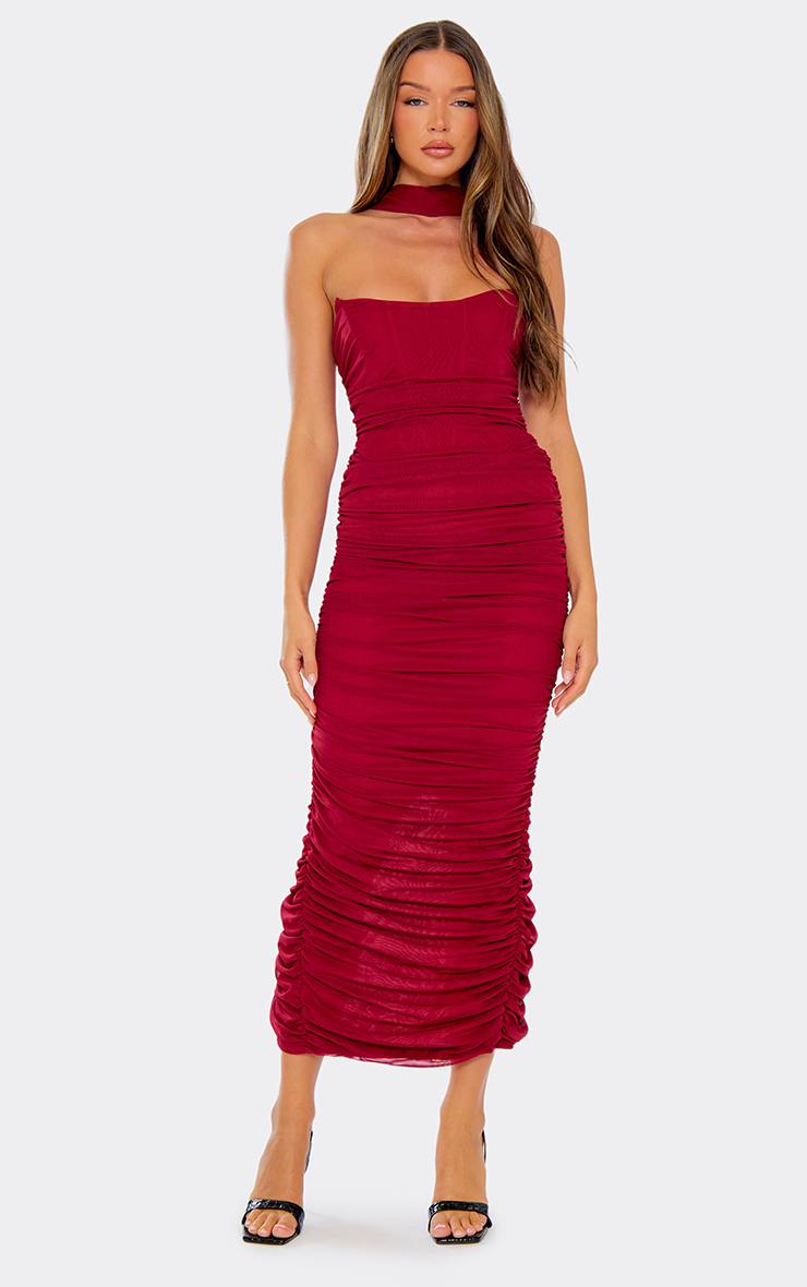 keep it simple ruched bandeau midaxi dress in dark red Make 'Em Wait Bandeau Ruched Midaxi Dress in Red