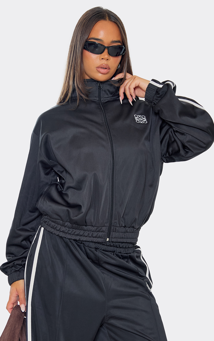 Contrast Stripe Embroidered Swirl Logo Zip Up Track Jacket In
