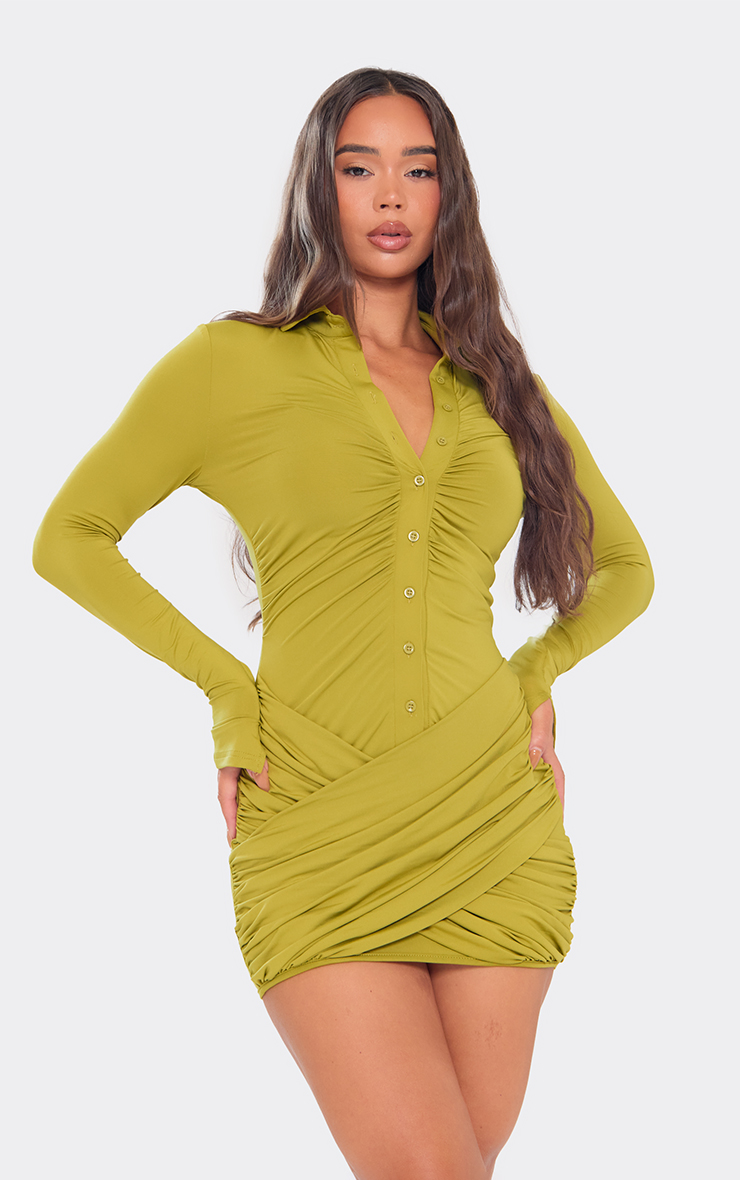 Long Sleeve Collared Button Front Crossover Wrap Panel Mini