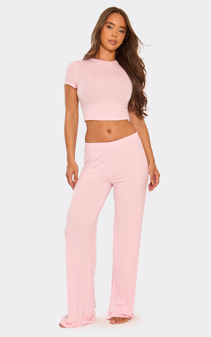 Short Sleeve Crop Top And Wide Leg Trouser Set In Baby Pink | EGO