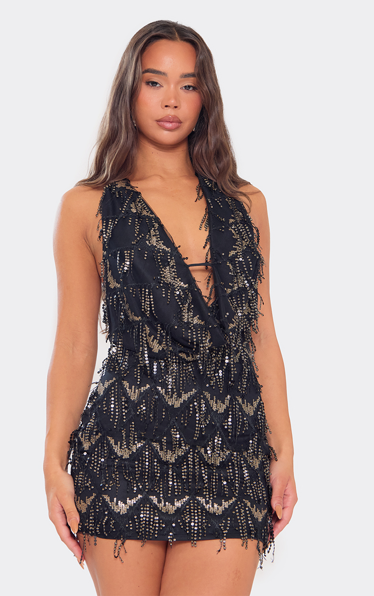 knee length dresses for ladies Long Sleeve Embellished Cowl Neck Mini Dress in Black