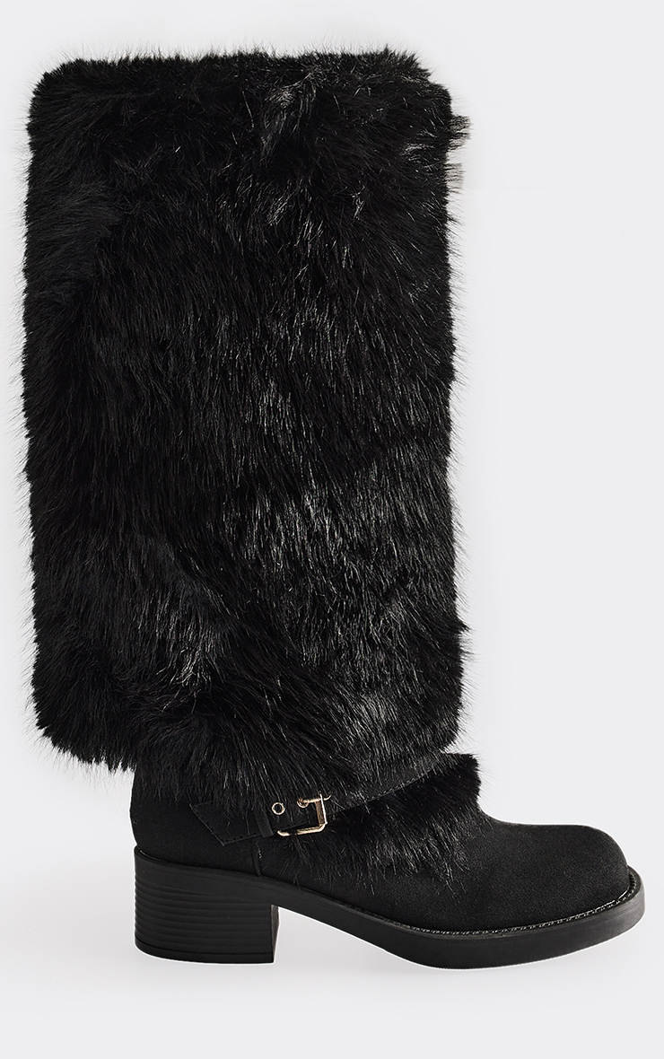 Indira Side Buckle Contrast Faux Fur Detail Boot In Black Faux