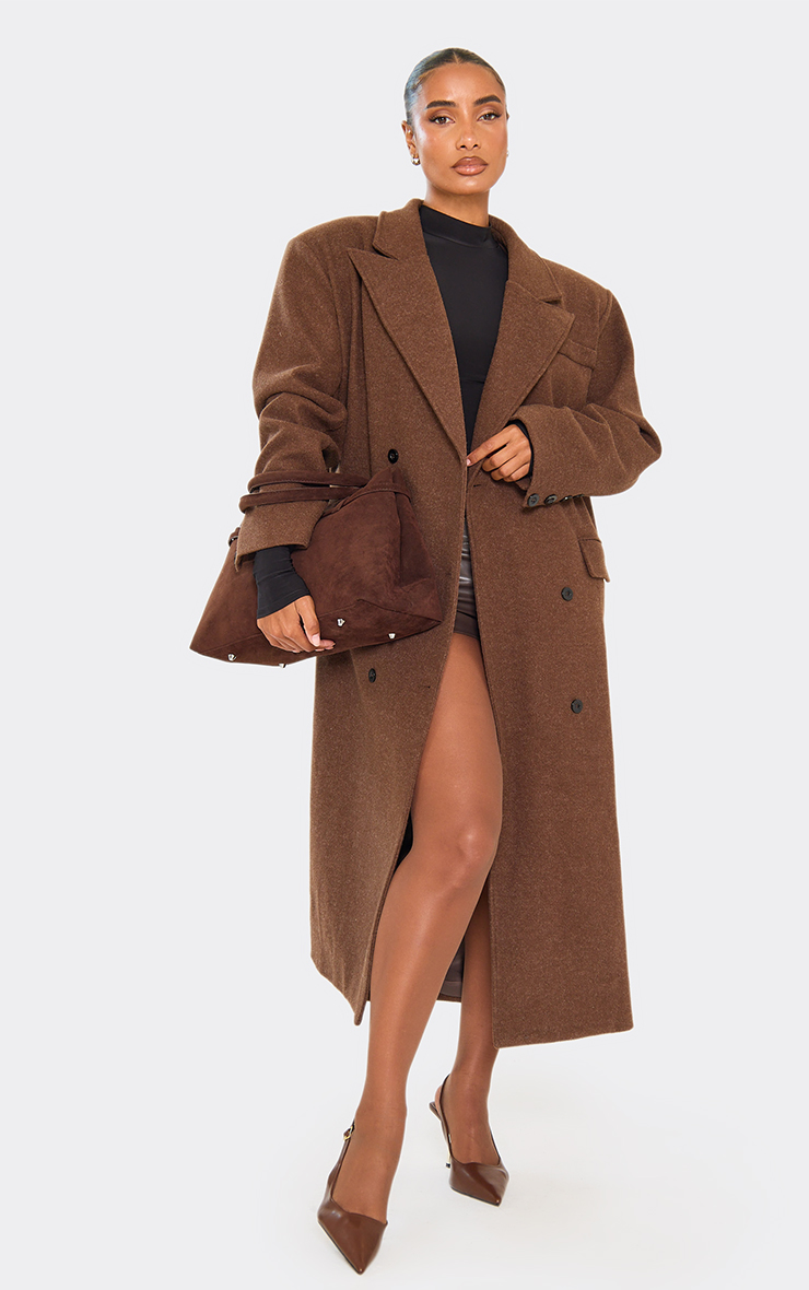 Oversized Textured Wool Look Maxi Coat In Chocolate Brown | EGO US