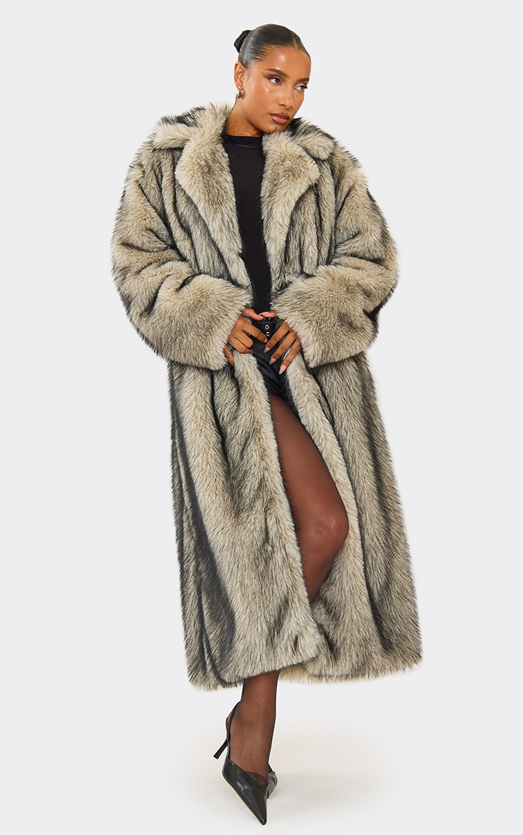 Collar Detail Maxi Coat In Stone Faux Fur | EGO US | EGO