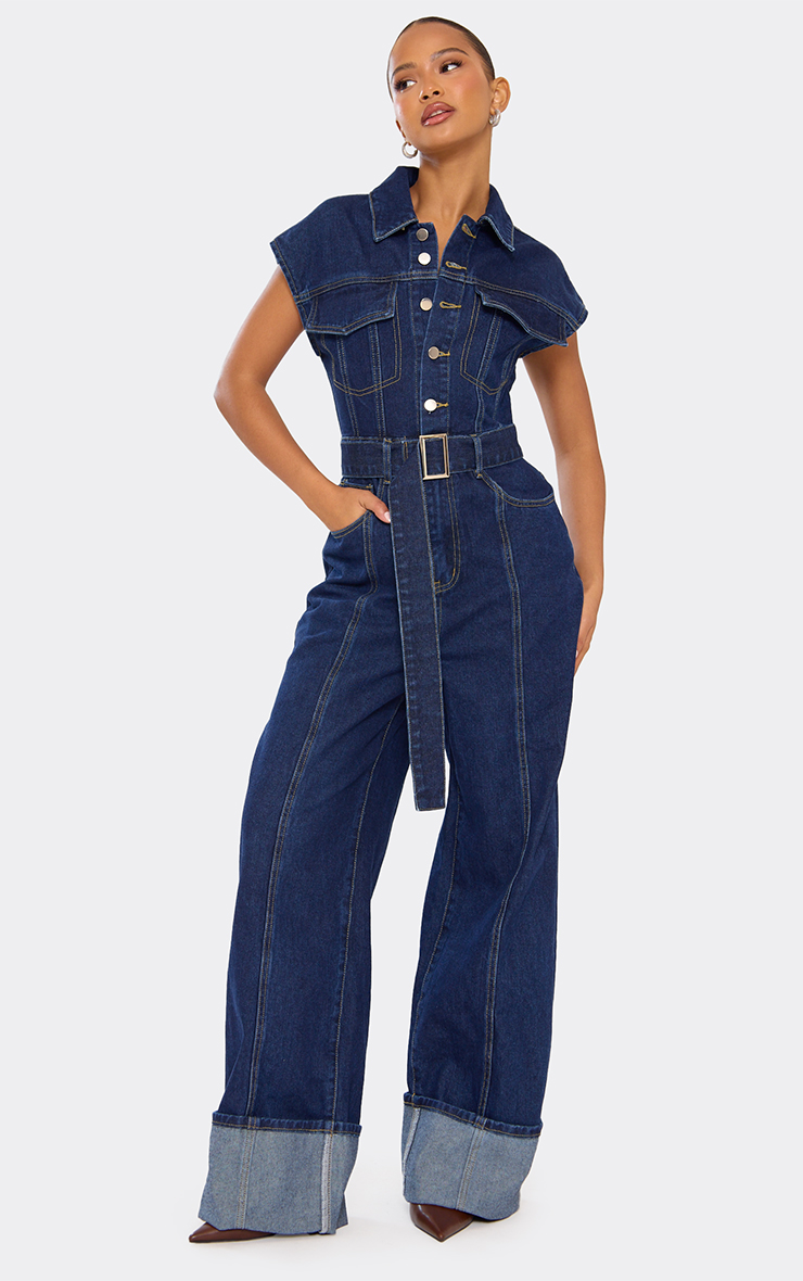 Cap Sleeve Button Down Belted Detail Turn Up Hem Jumpsuit In Indigo Blue Denim