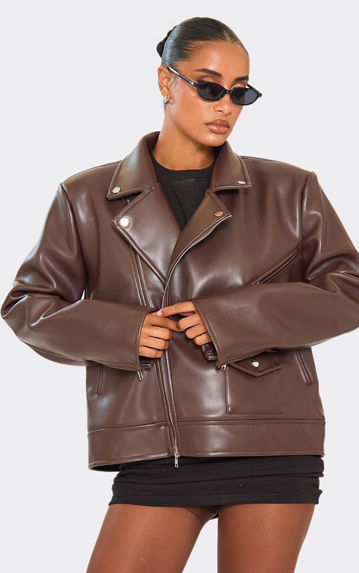 Collared Structured Biker Jacket In Chocolate Brown Faux Leather