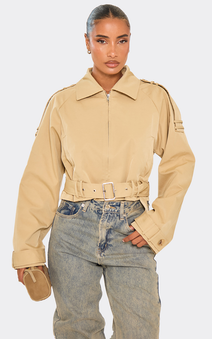 Collared Belted Hem Detail Zip Down Trench Coat In Beige | EGO UK